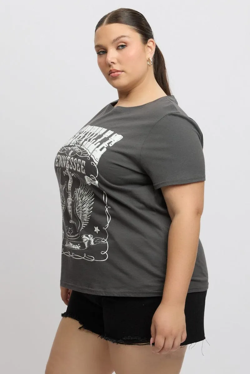 Layered Hem Design Grey Graphic T Shirt Short Sleeve Crew Neck