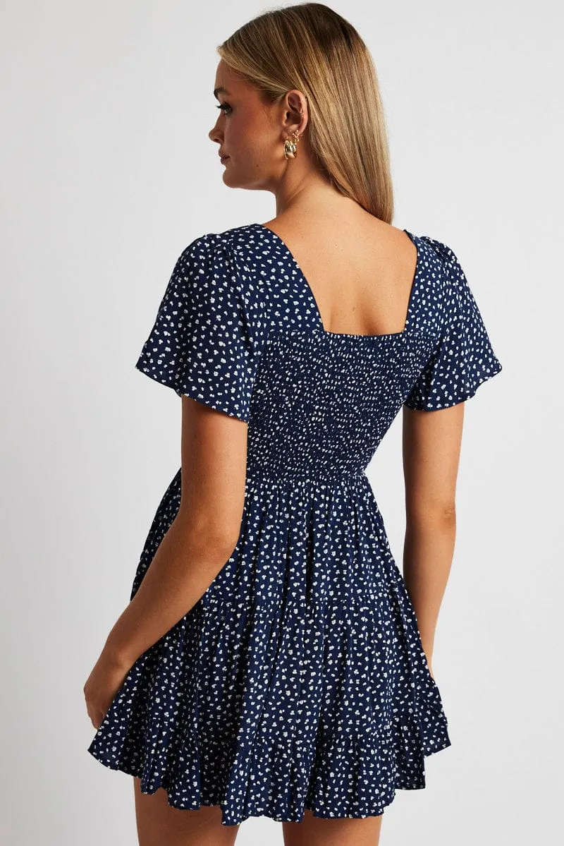 MultiPocketDesign Blue Ditsy Fit And Flare Dress V-neck Mini