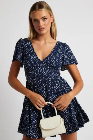Blue Ditsy Fit And Flare Dress V-neck Mini Cool Glow