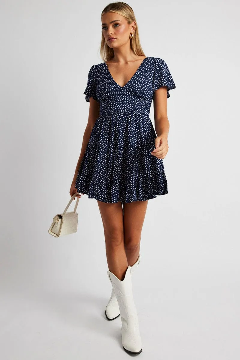 Matte Tone Blue Ditsy Fit And Flare Dress V-neck Mini