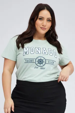 Green Graphic T-shirt Short Sleeve Crew Neck StretchFabric Relaxing Day