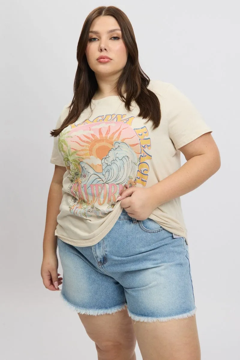Beige Graphic T Shirt Short Sleeve Crew Neck Unique Design