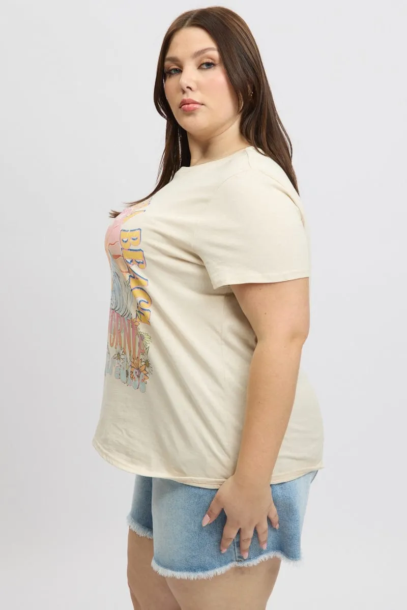 Beige Graphic T Shirt Short Sleeve Crew Neck Anti Static Finish Easy-to-Style Top