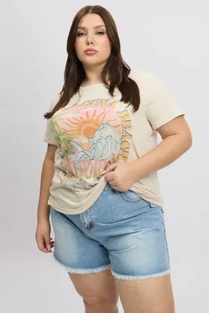 Beige Graphic T Shirt Short Sleeve Crew Neck Unique Design