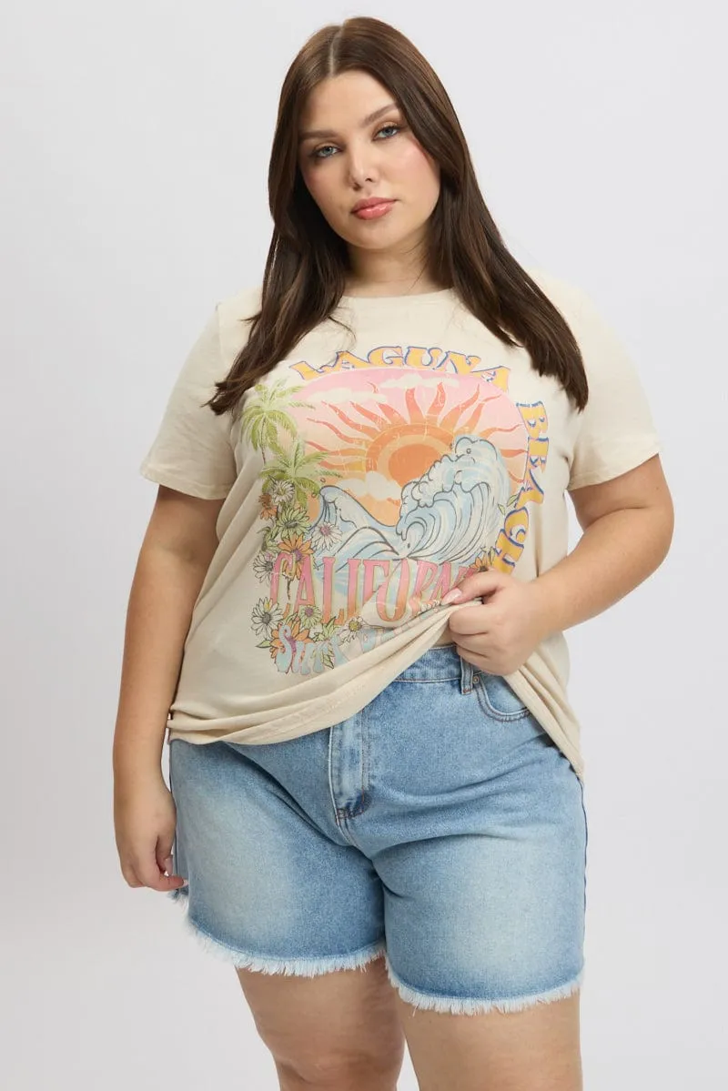 Beige Graphic T Shirt Short Sleeve Crew Neck Layering Piece