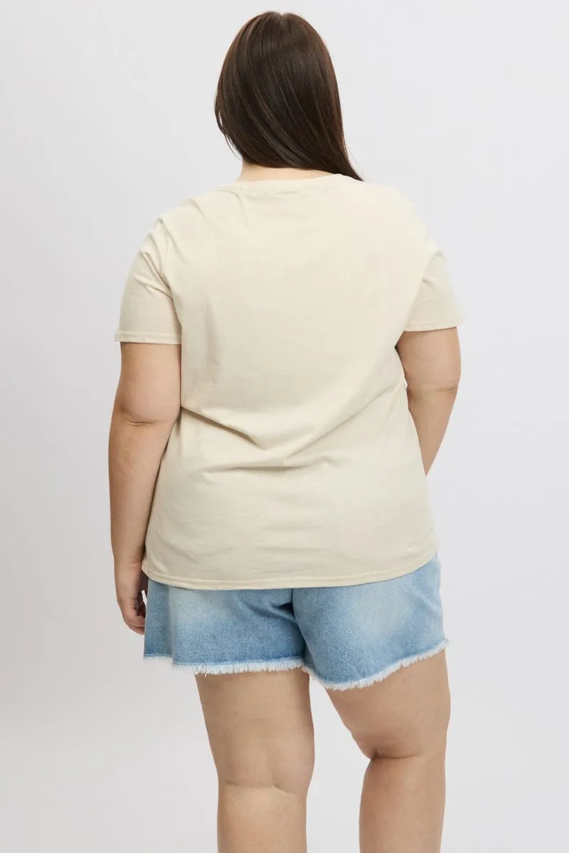 Breathable mesh panel Travel Outfit Beige Graphic T Shirt Short Sleeve Crew Neck
