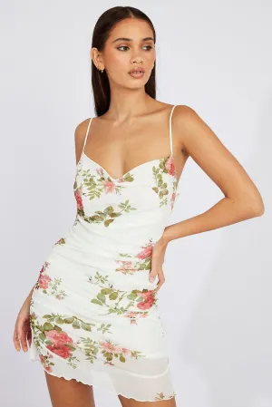 White Floral Bodycon Dress Ruffle Mesh Dance Light