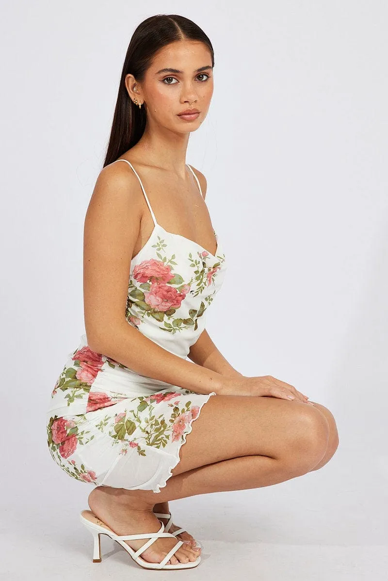 Noble Grace Flexible Apparel White Floral Bodycon Dress Ruffle Mesh