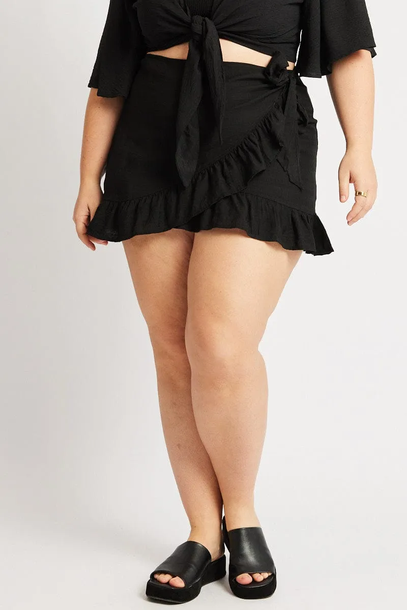 Black Frill Hem Wrap Mini Skirt Matte Texture