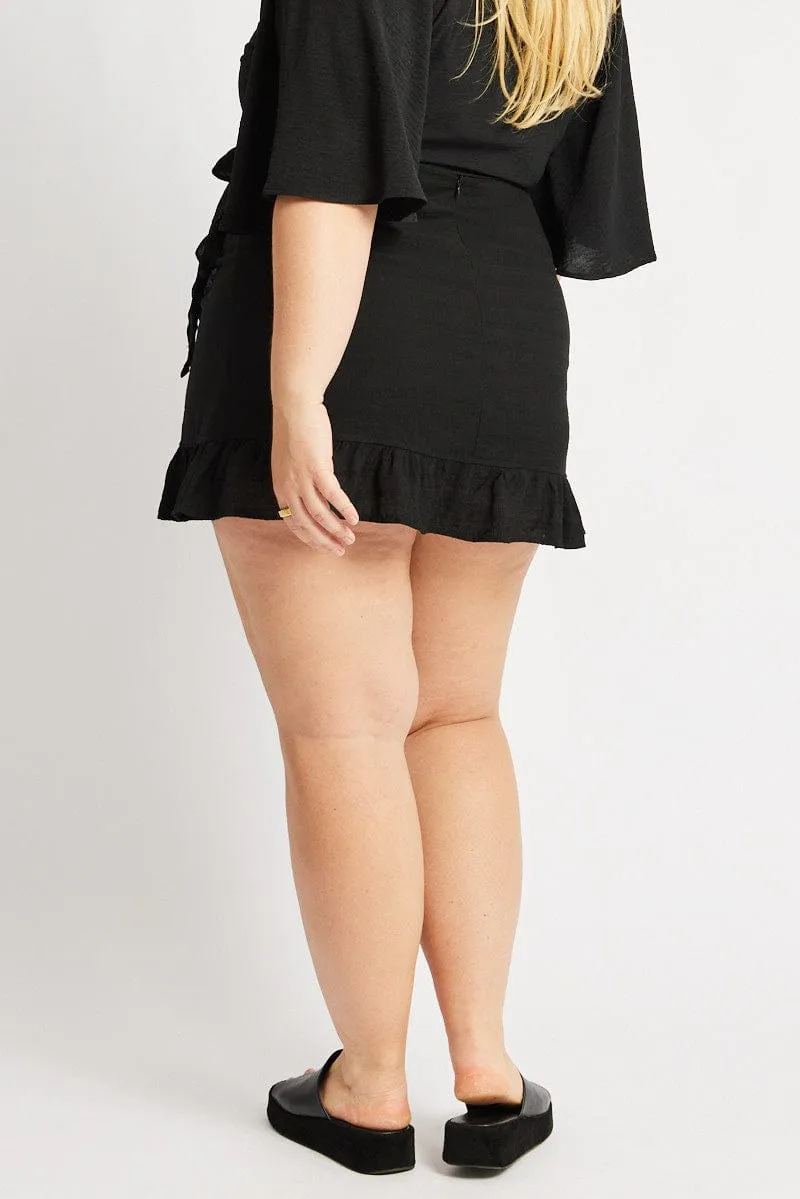 Black Frill Hem Wrap Mini Skirt Foil Print Subtle Detail