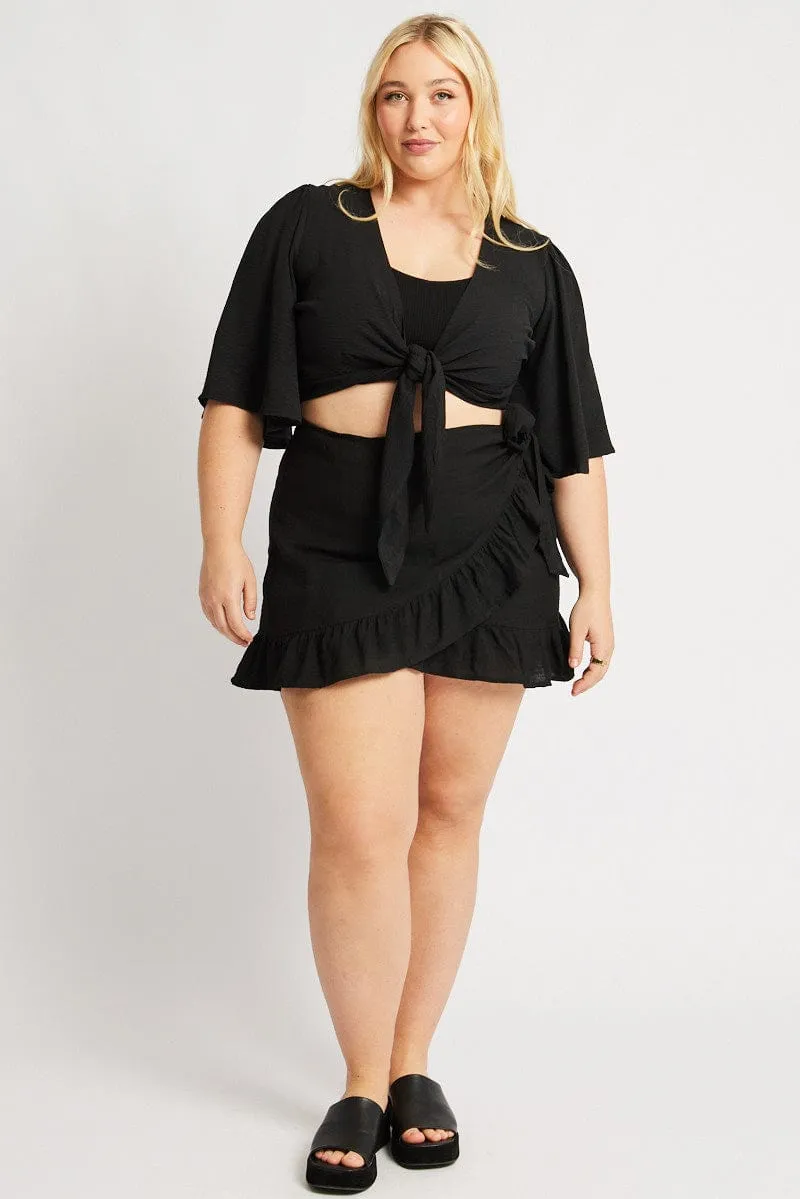 Black Frill Hem Wrap Mini Skirt Structured Shape Satin feel