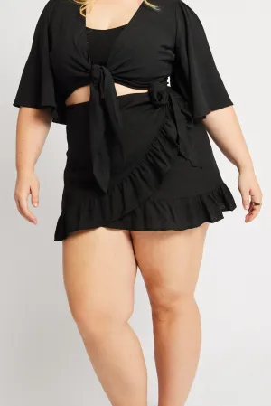 Silk Touch Black Frill Hem Wrap Mini Skirt