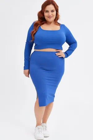 Blue Midi Skirt Rib Jersey Seamless Look Adjustable Waist