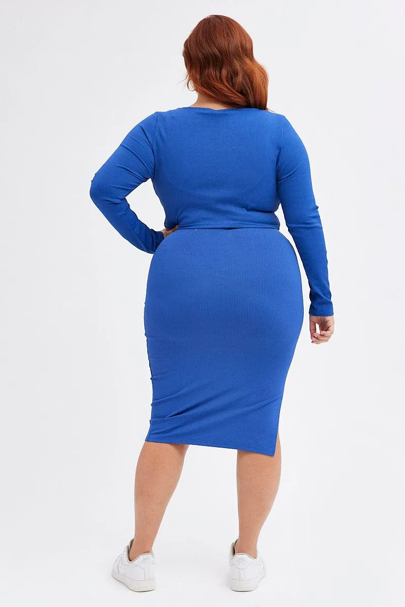 Contemporary Brand Outfit Lookbook Blue Midi Skirt Rib Jersey Seamless Look