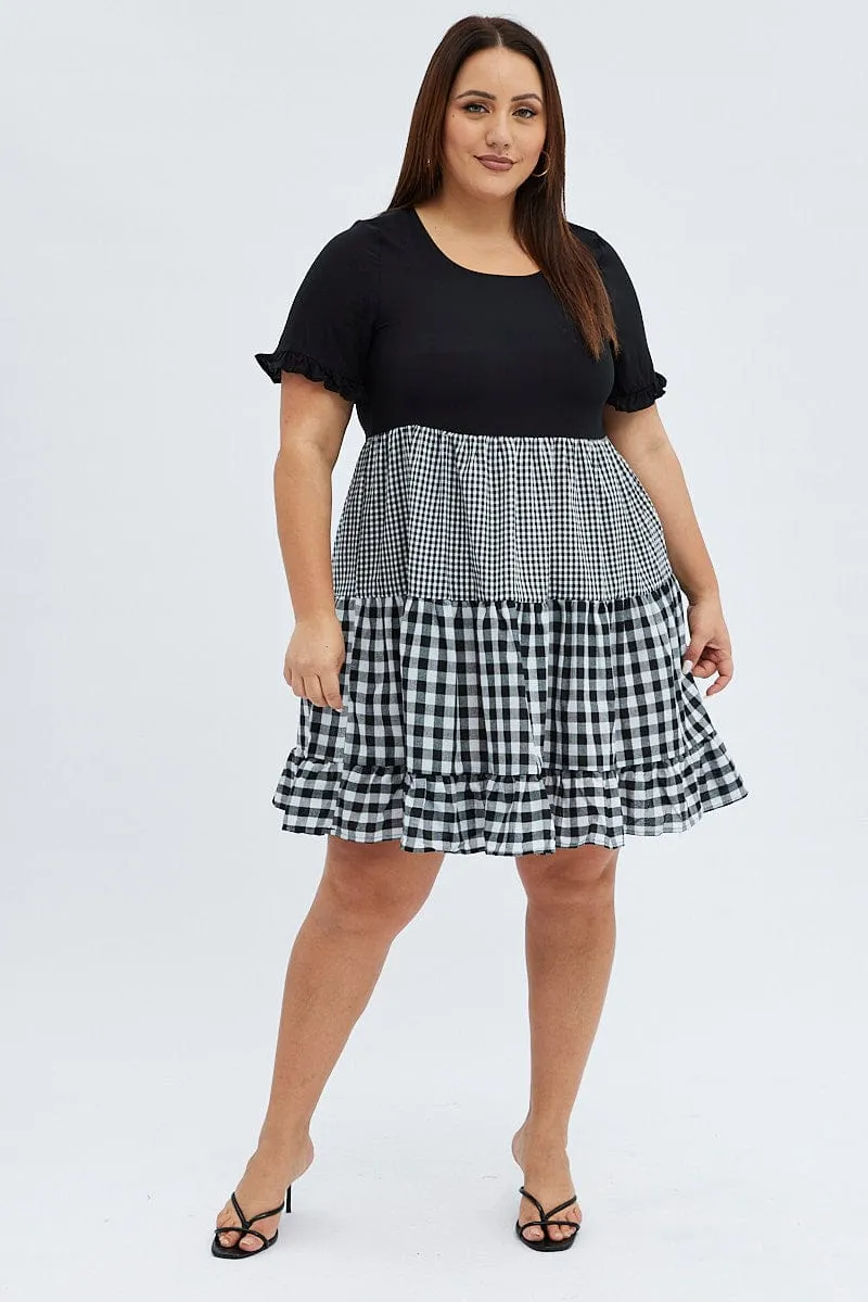 Glow Queen Black Check Mini Dress Short Sleeve Tiered