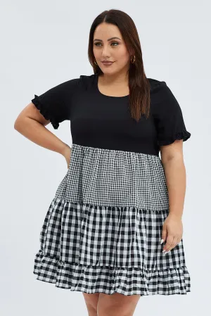 Black Check Mini Dress Short Sleeve Tiered Tiered Design Chic Spirit