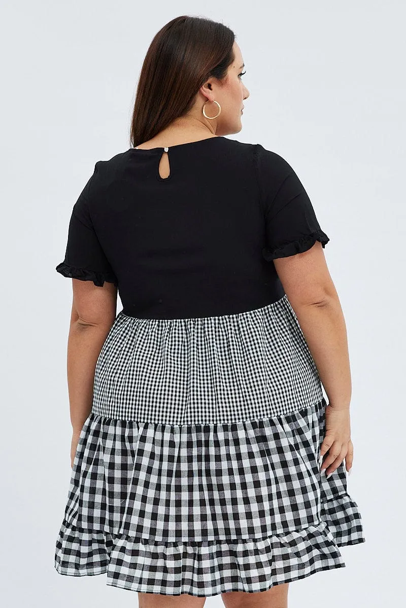 Black Check Mini Dress Short Sleeve Tiered Confident Wear Vibrant Silhouette