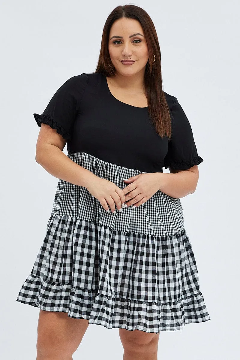 Black Check Mini Dress Short Sleeve Tiered Beat Fresh