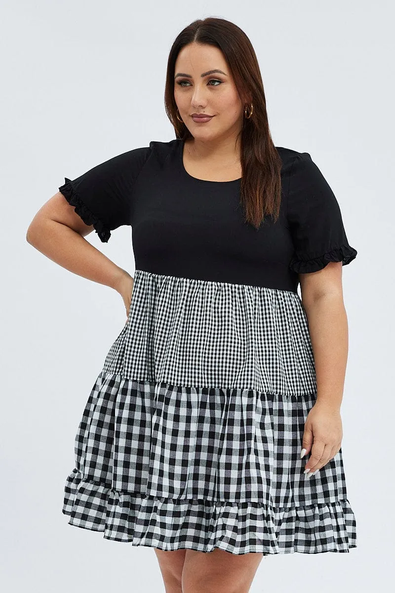 Black Check Mini Dress Short Sleeve Tiered Tiered Design Chic Spirit