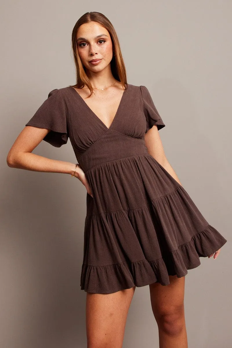 Flexible Material Brown Fit And Flare Dress V-neck Mini