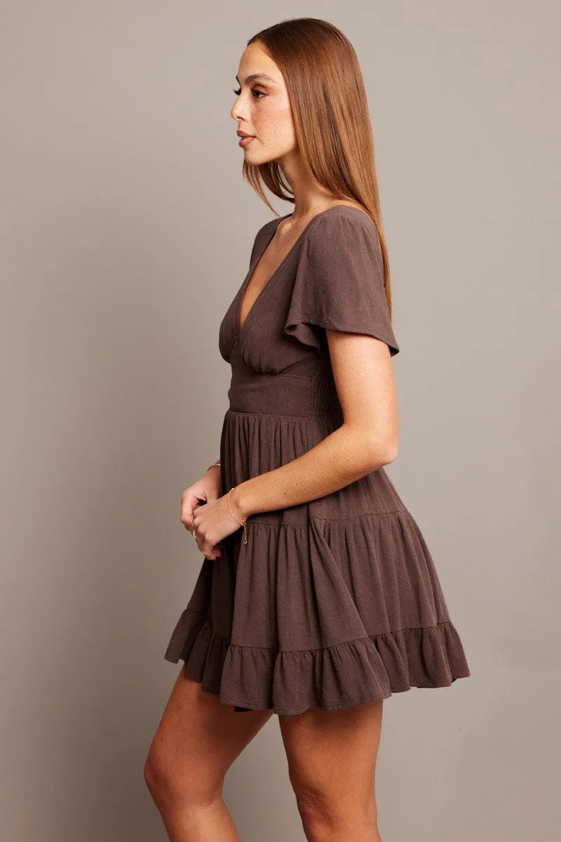 Brown Fit And Flare Dress V-neck Mini Storm Core Flexible Material