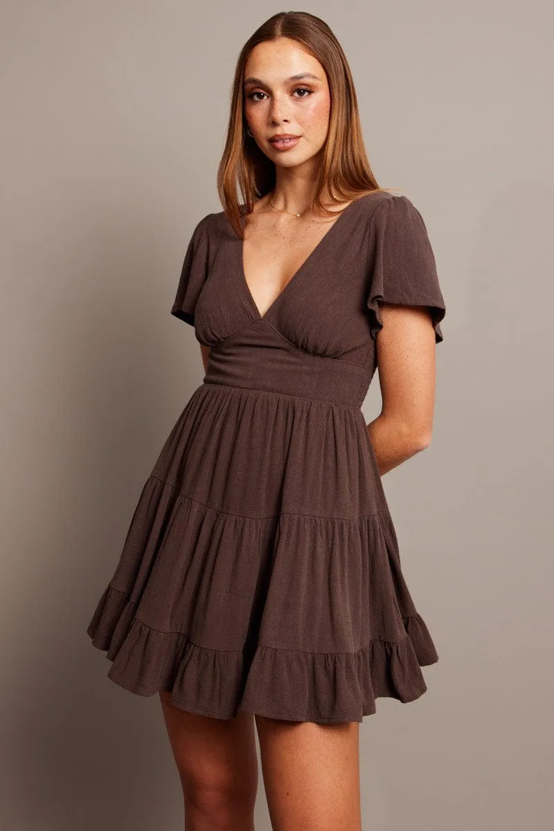 Flexible Waistline Brown Fit And Flare Dress V-neck Mini