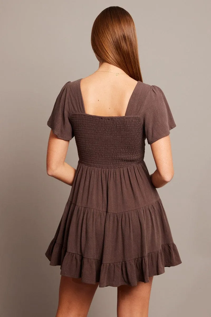 Eco Core Trendy Hat Brown Fit And Flare Dress V-neck Mini