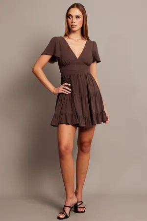 Brown Fit And Flare Dress V-neck Mini Adjustable Fastenings