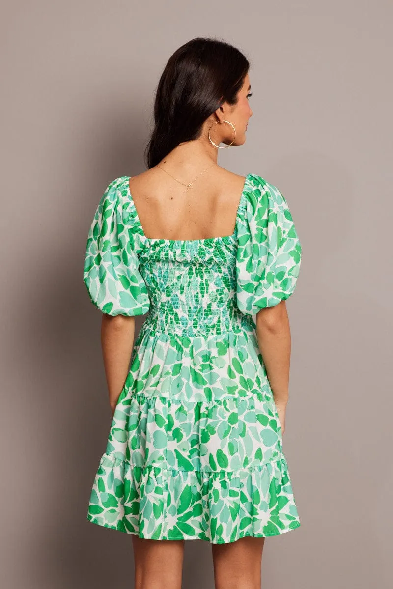 Green Floral Fit And Flare Dress Puff Sleeve Cool Vest