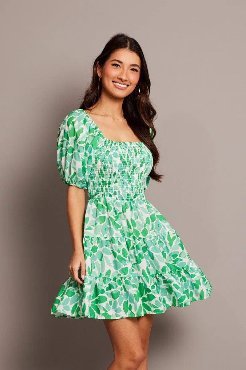 RollUp Sleeves Hot Core Green Floral Fit And Flare Dress Puff Sleeve