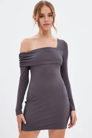 ChafeFree Design Grey Off Shoulder Dress Ribbed Long Sleeve Mini Bodycon