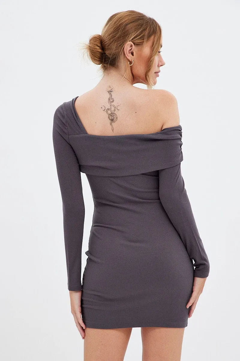 Grey Off Shoulder Dress Ribbed Long Sleeve Mini Bodycon Carry Ease