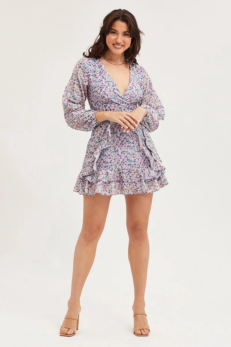 Print Skater Dress Long Sleeve Mini Thick Fiber