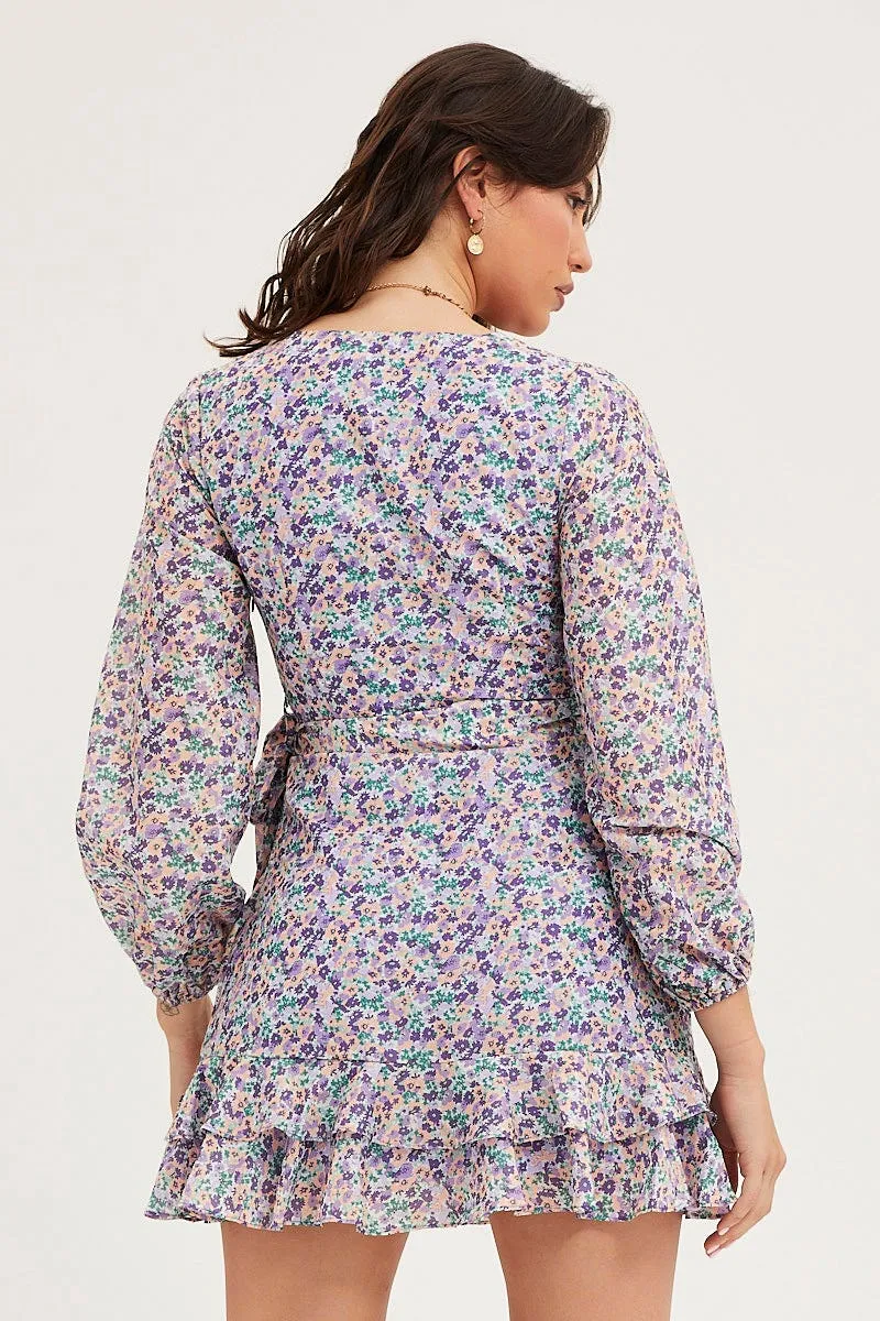 Print Skater Dress Long Sleeve Mini SlipResistantWaistband AntiPillingTechnology