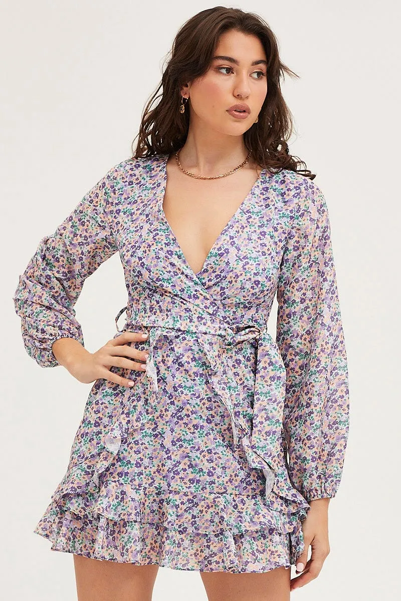 Print Skater Dress Long Sleeve Mini World Tone