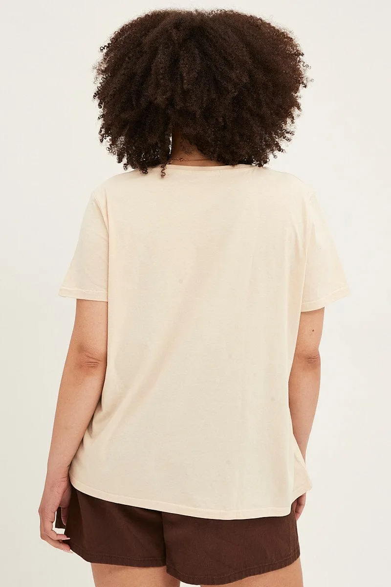 Smart Design Beige Graphic T-shirt Short Sleeve Crew Neck