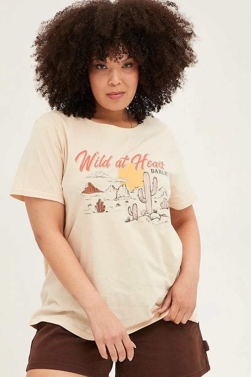 Beige Graphic T-shirt Short Sleeve Crew Neck Travel Style Trend