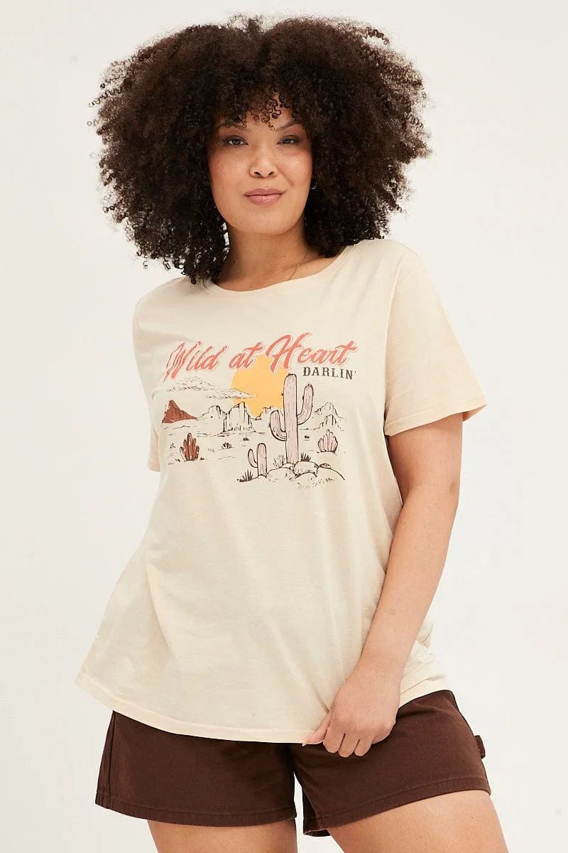 Beige Graphic T-shirt Short Sleeve Crew Neck Abrasion resistant