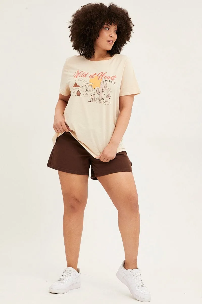 Hypoallergenic Fibers Beige Graphic T-shirt Short Sleeve Crew Neck