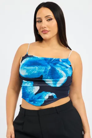 Blue Floral Cami Top Mesh Corset Global Cool