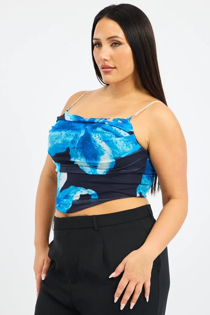 Relaxed Blouse Blue Floral Cami Top Mesh Corset