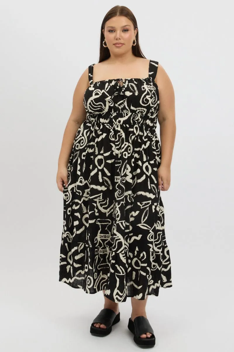 Coastal Granny Black Abstract Midi Dress Sleeveless Ruched Bust Tiered