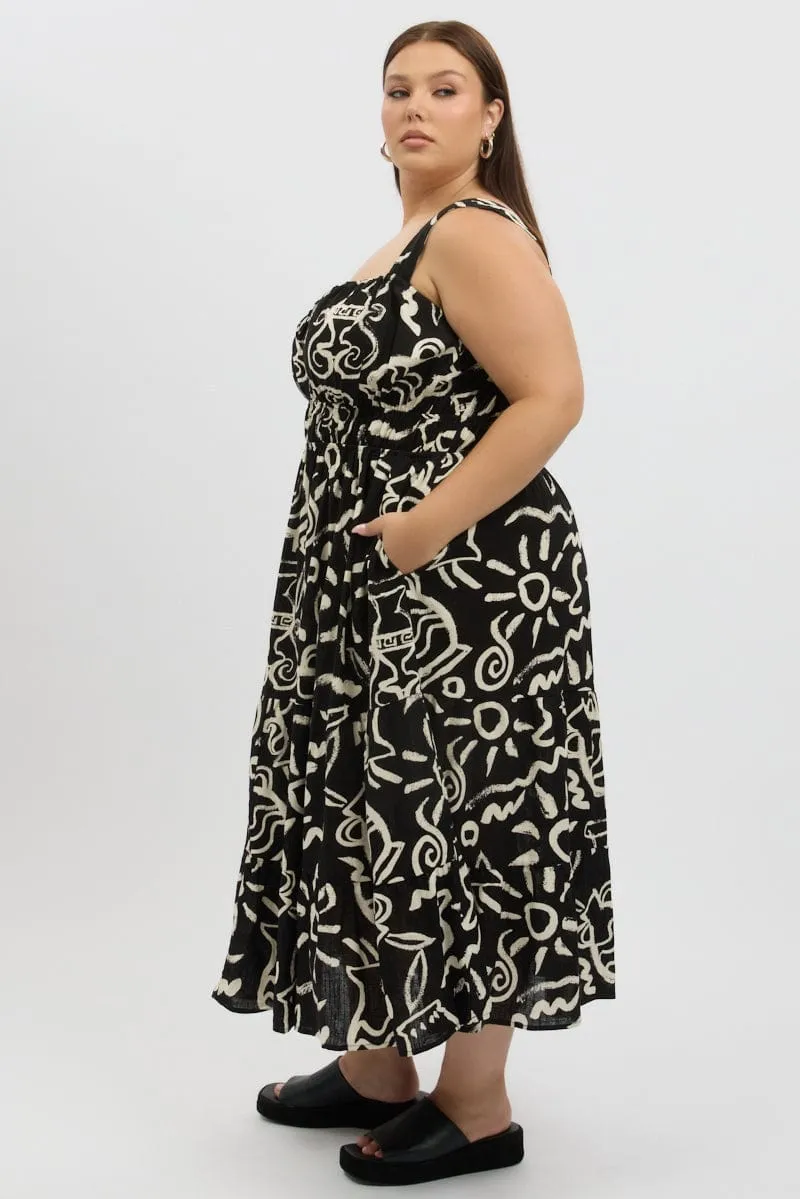 Black Abstract Midi Dress Sleeveless Ruched Bust Tiered Classic Cool