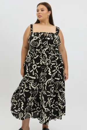 Timeless silhouette for all occasions Subtle Glamour Black Abstract Midi Dress Sleeveless Ruched Bust Tiered