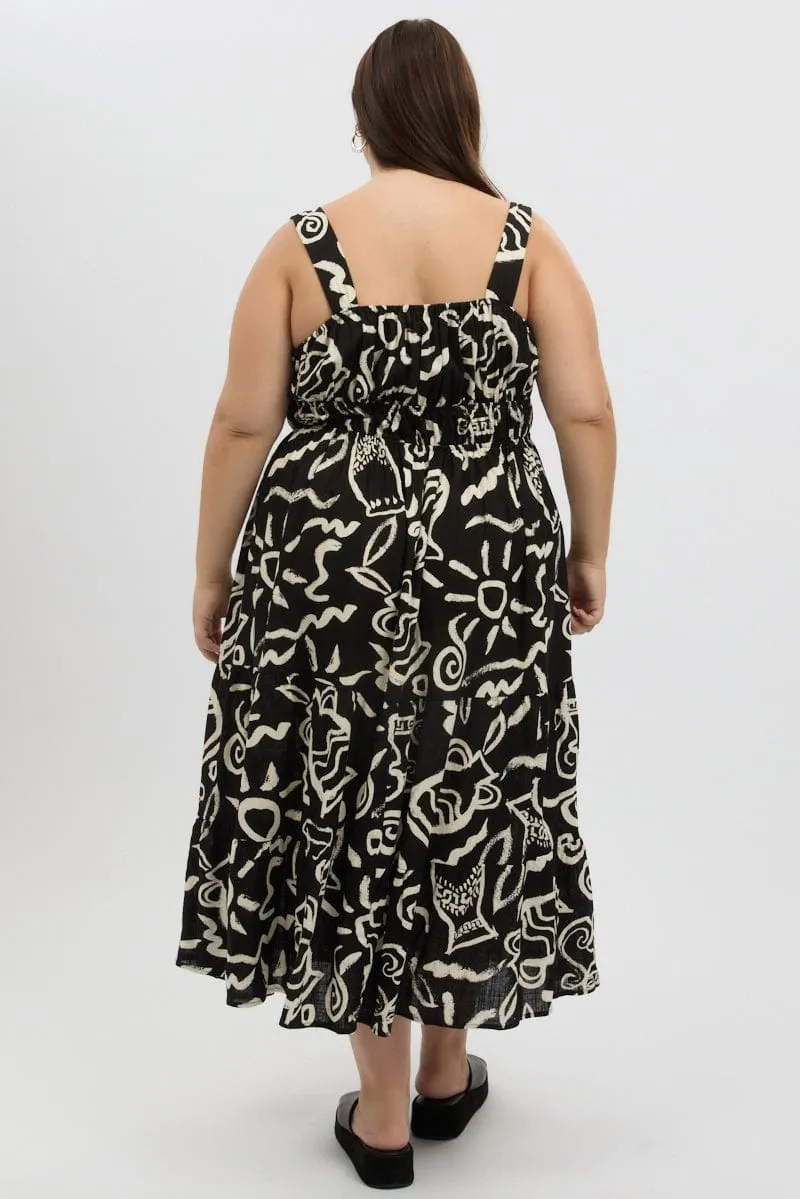 Black Abstract Midi Dress Sleeveless Ruched Bust Tiered Flattering Shape