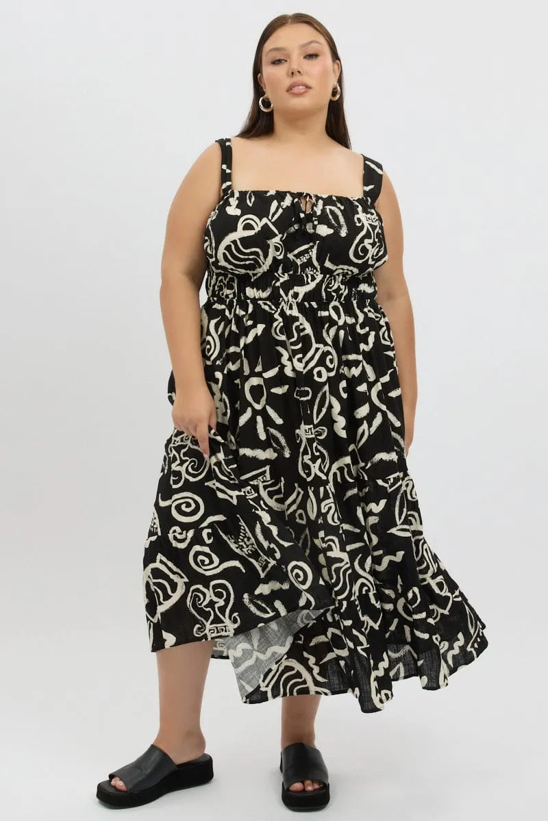 Black Abstract Midi Dress Sleeveless Ruched Bust Tiered Park Bench