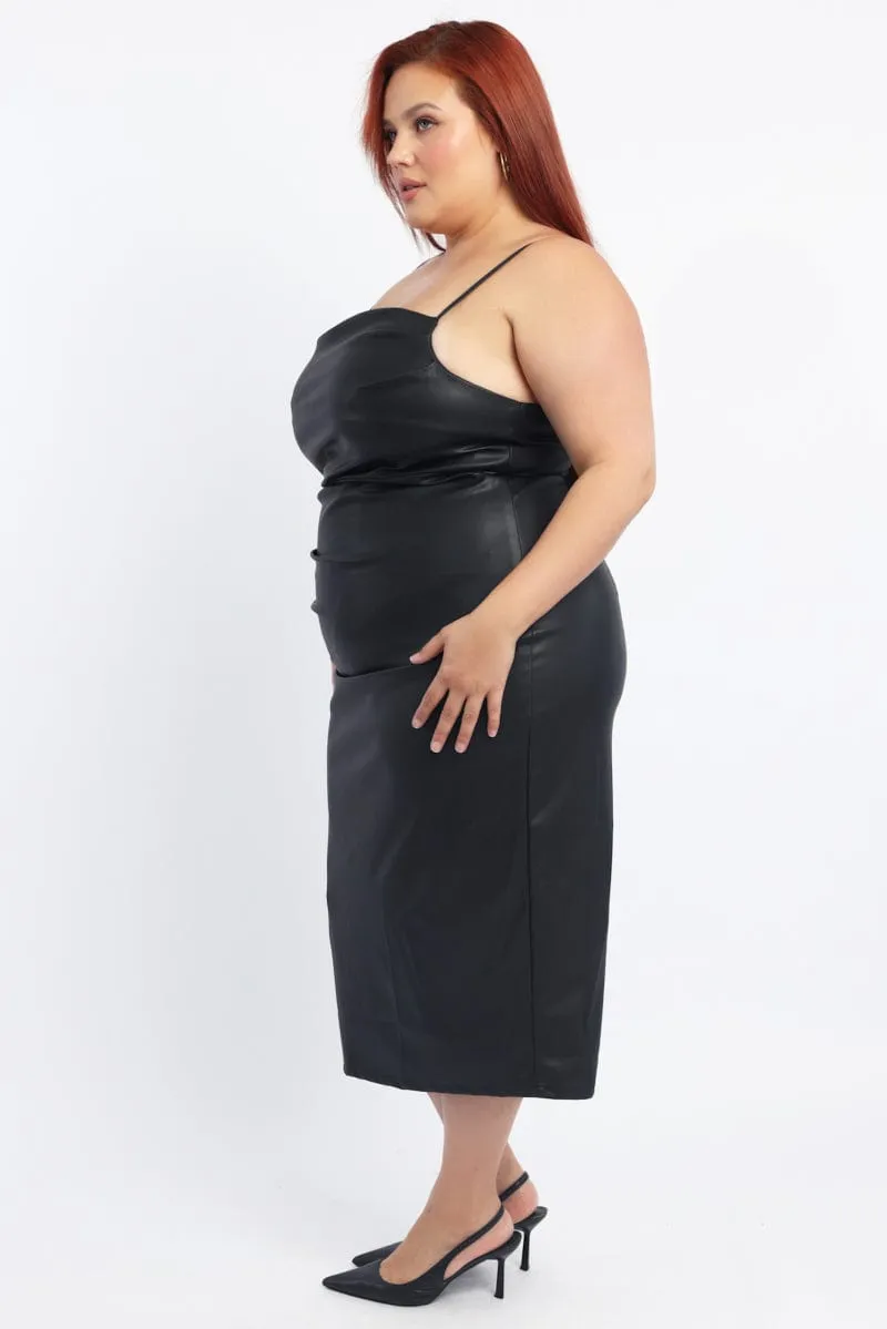 Metro Stop Beach Path Black Ruched Side Faux Leather Midi Dress