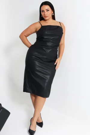 Elegant fit for formal occasions Weekend Ready Black Ruched Side Faux Leather Midi Dress