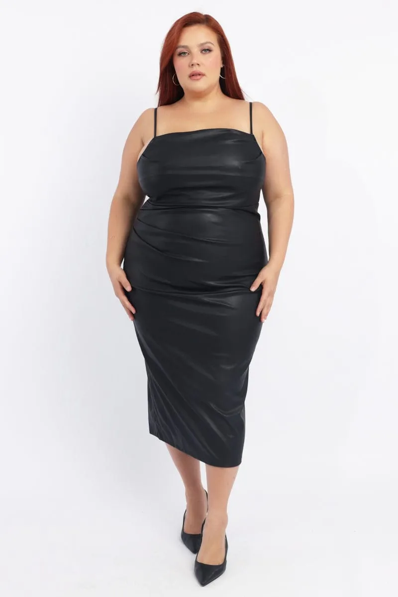 Chic Vibes Black Ruched Side Faux Leather Midi Dress