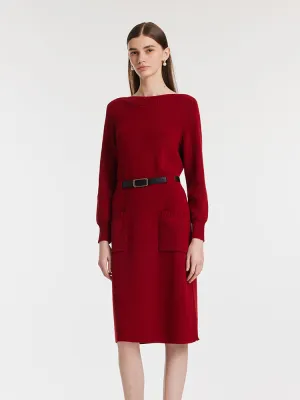 Slash Neck Knitted Women Midi Dress With Belt Comfortable Layers Day To Night